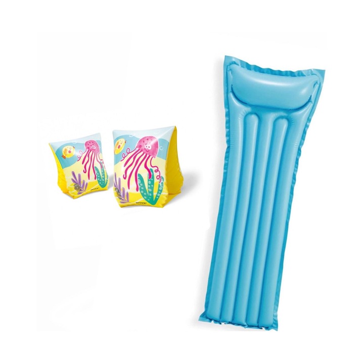 Set saltea gonflabila 183x69 cm si aripioare de inot copii/brassiere inot, intex, 3 ani+