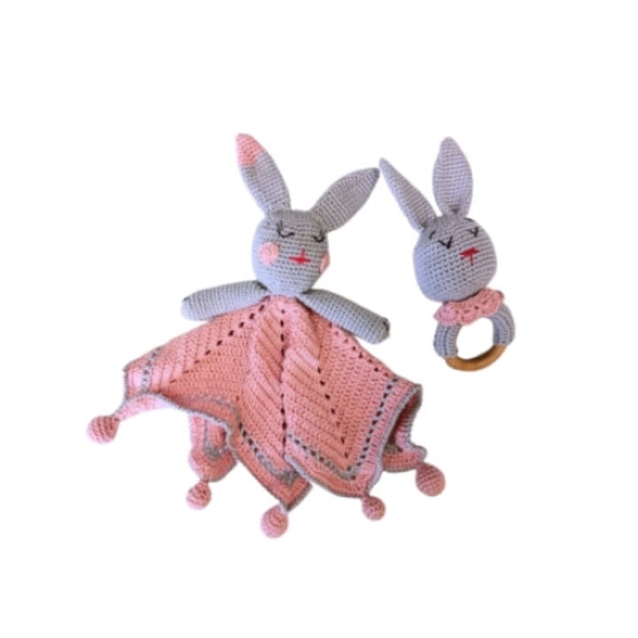 Jucarie de plus, Baby Land, Paturica de somn Iepurasi Roz si Gri Crosetata manual, 0-3 luni