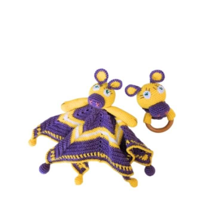 Jucarie de plus, Baby Land, Paturica de somn Vacute Galben cu Mov Crosetata manual, 0-3 luni