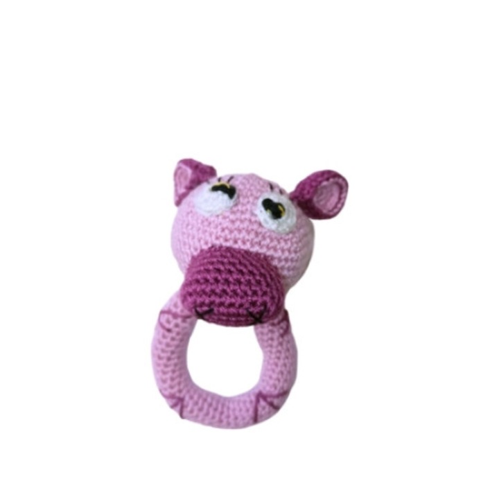 Jucarie de plus, Baby Land, Vacuta Roz cu clopotel, ochi negrii Crosetata manual, 0-3 luni