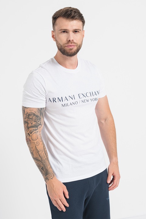 ARMANI EXCHANGE, Тениска по тялото с лого, Бял