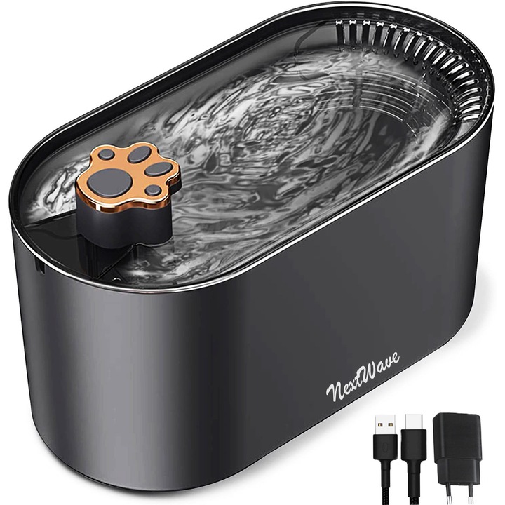 Dispenser apa automat NextWave®, tip fantana pentru pisici si caini, cu purificare si filtrare prin carbune activ, 3L, led luminos, senzor nivel apa, silentios, adaptor priza, Gri