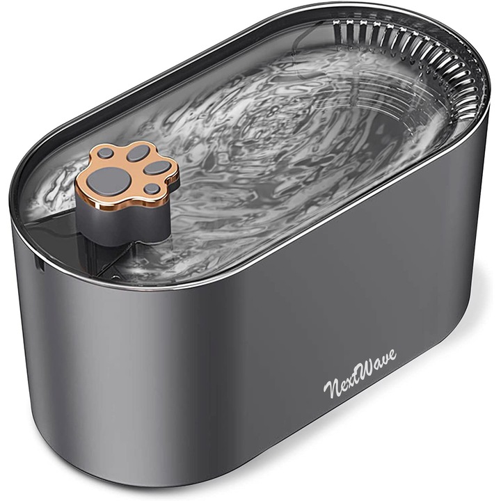 NextWave® автоматичен диспенсър за вода, тип фонтан за котки и кучета, с пречистване и филтриране чрез активен въглен, 3L, ярък LED, сензор за ниво на водата, безшумен, щепсел адаптер, сив