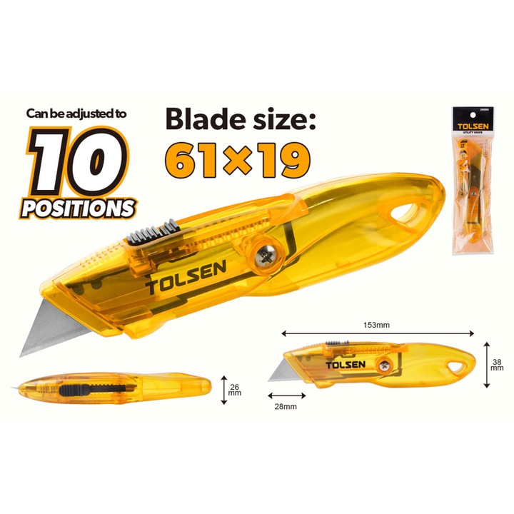 Cutter utilitar TOLSEN cu 10 pozitii, lama SK7 61x19mm, maner ABS transparent cu depozitare interna, ideal pentru taiere carton, piele si materiale tehnice