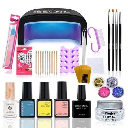Kit unghii gel Sensationail, Incepatori, Essential 5, kit oja semipermanenta cu lampa led unghii, gel de unghii Clear, 3 oje semipermanente, ulei cuticule, accesorii unghii