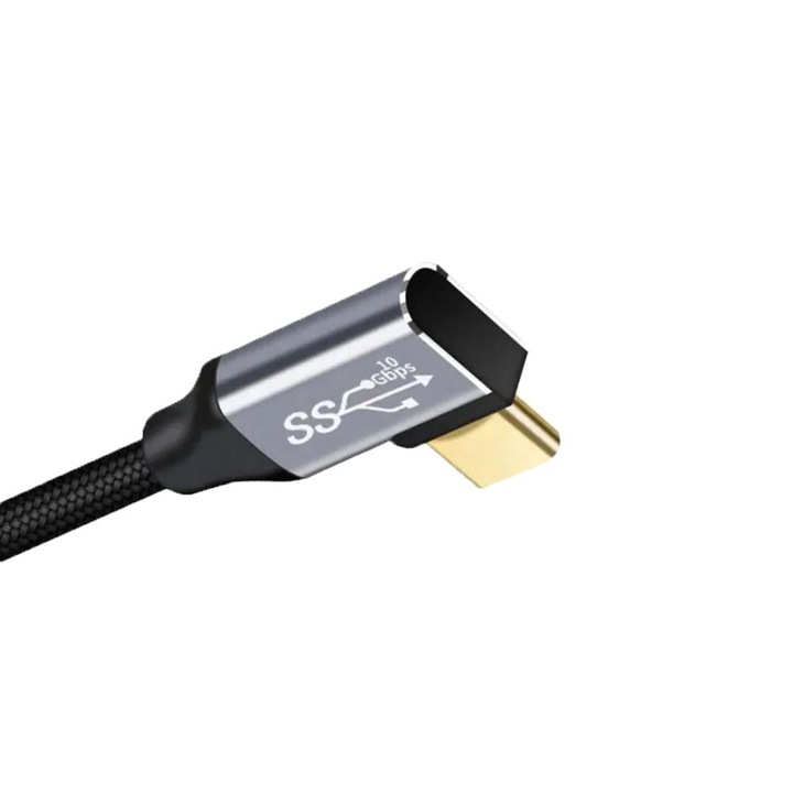 Cablu USB Type-C 90 Grade, 4K 60hz, Conectori Intariti, Protectie Mesh, 1 metru, Negru