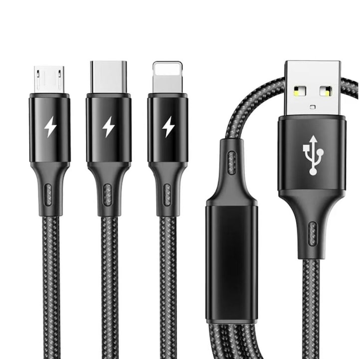Cablu de date 3n1, MaxOnline™, Nylon, Incarcare rapida, USB-C/Lightning/MicroUSB, 1.2m, Negru