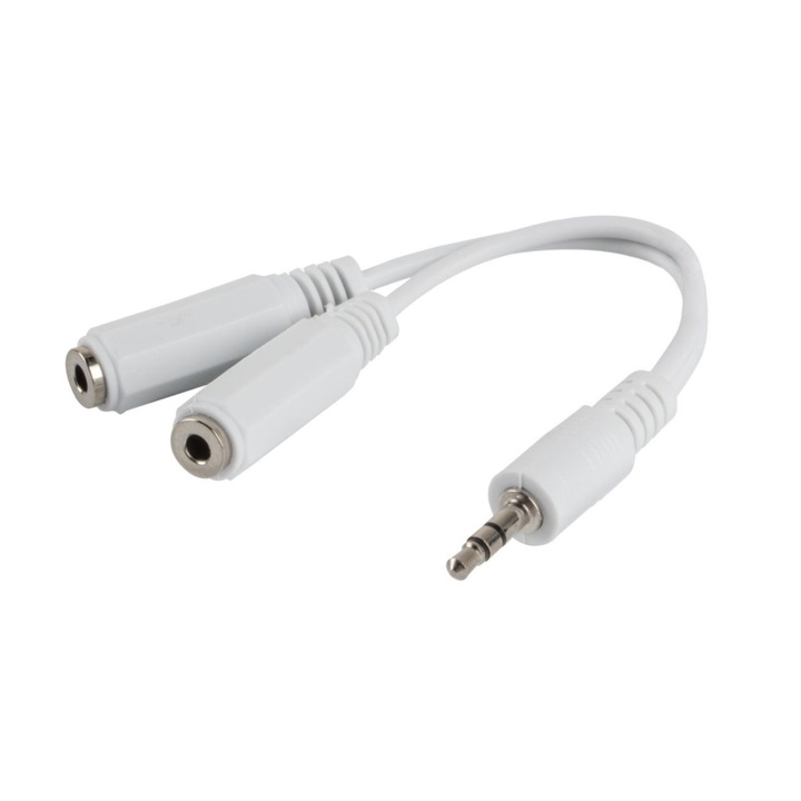 Adaptor audio stereo Jack 3.5 mm 3 pini tata la 2 x Jack 3.5 mm 3 pini mama, 10 cm, Alb Alb