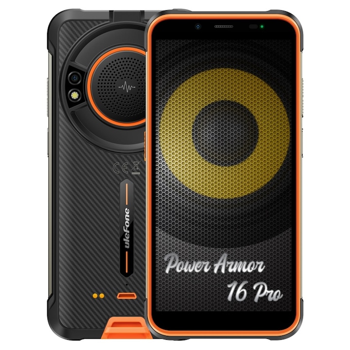 Telefon mobil Ulefone Power Armor 16 Pro Orange, 4G, Difuzor 3.5W, IPS 5.93", 4GB RAM, 64GB ROM, Android 12, Helio G25, 9600mAh, Dual SIM