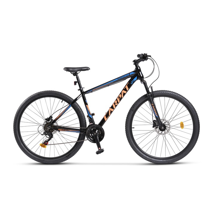 Kerékpár MTB-HT Carpat MONTAN C2958H, Shimano Tourney TZ 7 sebesség, 29 hüvelykes kerekek, alumínium váz, tárcsafékek, fekete/narancs/kék