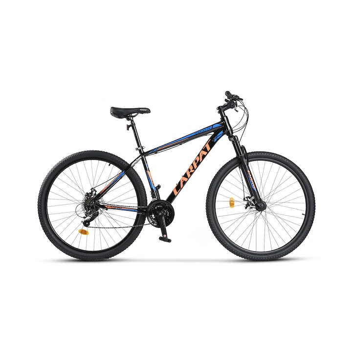 MTB велосипед с 29" колела, предно окачване, последователни лостове, дискови спирачки-предни/задни, 21 скорости, черно/порто/синьо, планински велосипед Carpat Spartan 2.9 с алуминиева рамка