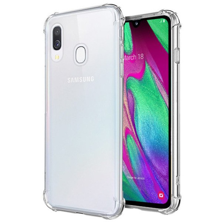 Husa Antisoc compatibila cu Samsung Galaxy A40, Supreme Protection, Drop-Proof, Shock-Proof, Protectie suplimentara la colturi, Design minimalist, 1,5 mm, Transparenta
