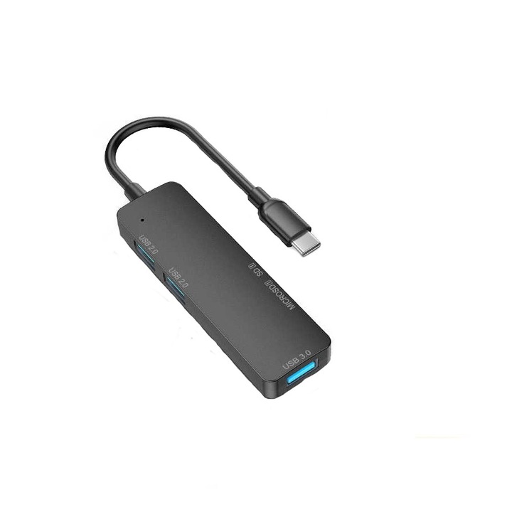 Hub USB Nelbo, 5 in 1, USB Type C la USB, microSD, SD, cu led, negru