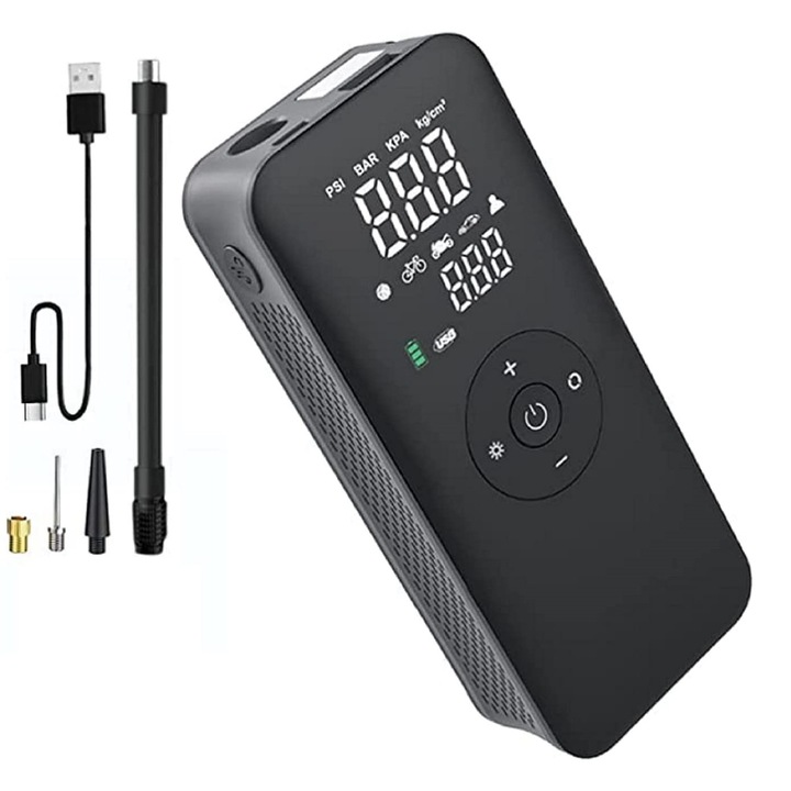 Mini intelligens autókompresszor, hordozható, 10 bar, szivattyú 2000 mAh akkumulátorral, LCD kijelzővel, LED zseblámpa, autóhoz, motorkerékpárhoz, kerékpárhoz, labdához