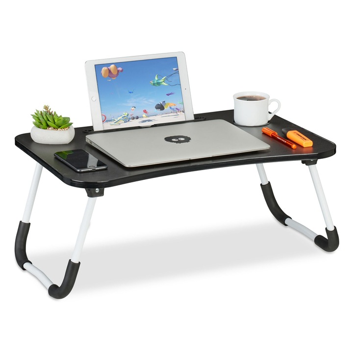 Masa de laptop multifunctionala, suport tableta/telefon/cana sau pahar, pliabila, 26 x 63 x 40 cm, negru