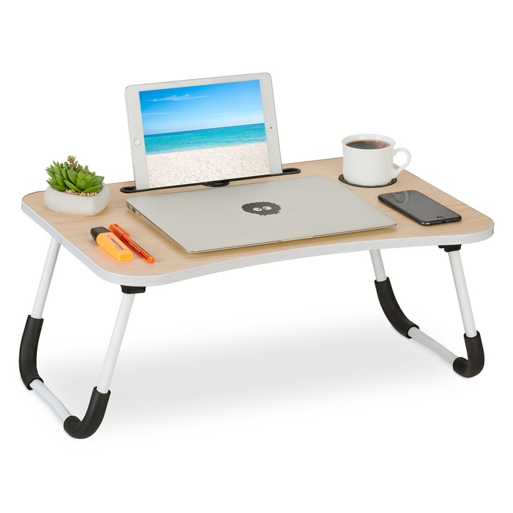 Маса за лаптоп, многофункционална, поставка за таблет/телефон/чаша или чаша, сгъваема, 26 x 63 x 40 см, светлокафява