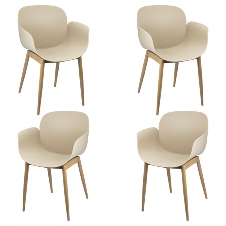 Set 4 scaune bucatarie/sufragerie RAKI TULSA, 58x54xh82cm, plastic, picioare metal aspect lemn, culoare cappuccino