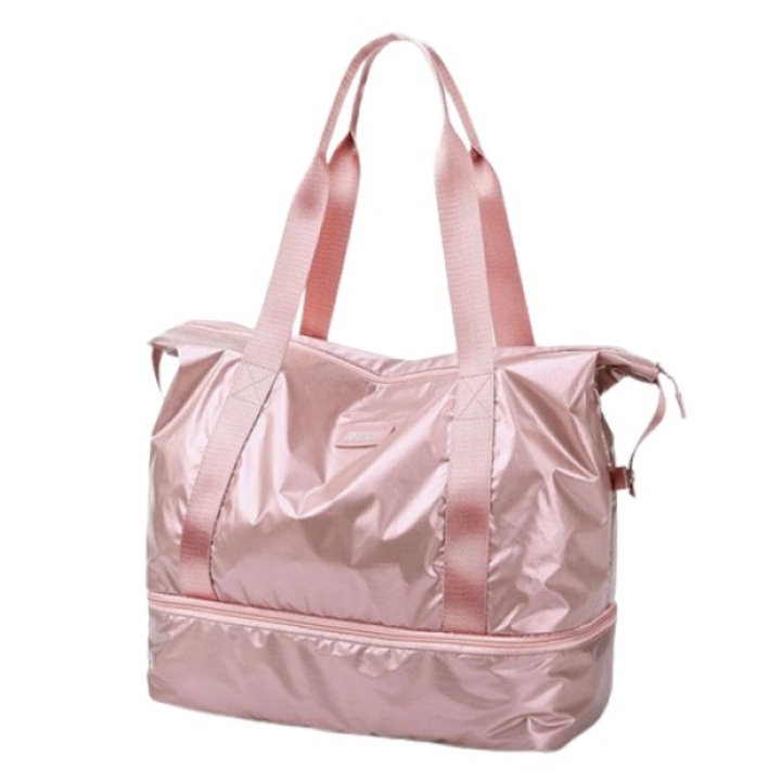 Geanta sport pentru calatorii, impermeabila cu aspect metalic, compartiment pentru incaltaminte, Escalate, 41x23x34 cm, Roz