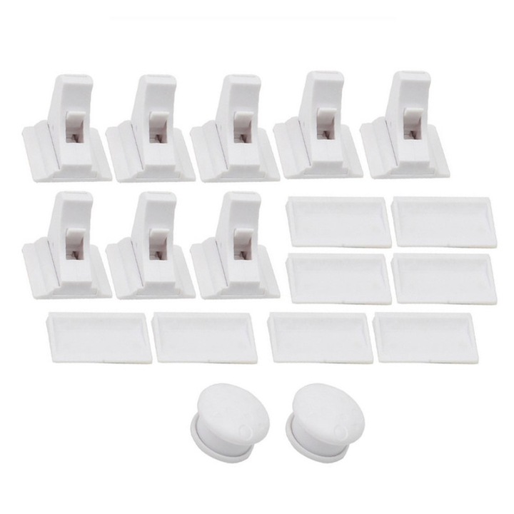 Set de 8 incuietori magnetice, WALALLA, incuietoare pentru siguranta pentru copii, incuietoare pentru usa de sertar cu incuietoare pentru copii, fara gaurire, plastic, alb