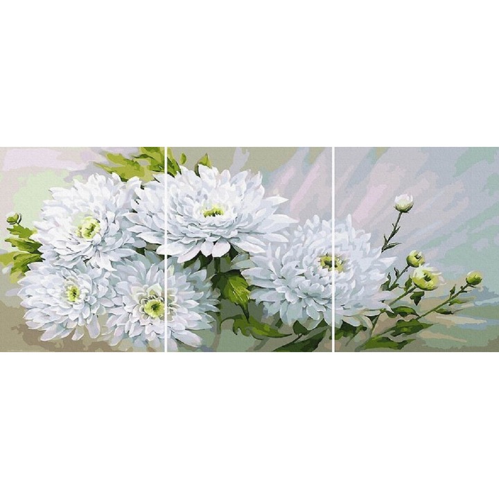 Set 3 picturi pe numere, cu sasiu, Crizanteme albe, 50x120 cm