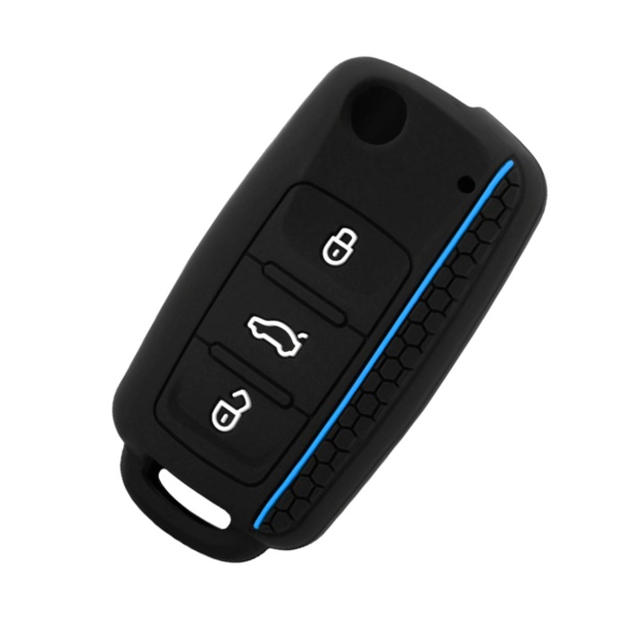 Husa Cheie Auto compatibila cu Volkswagen/Skoda/Seat, EHS E-Husa®, din silicon negru cu dunga albastra