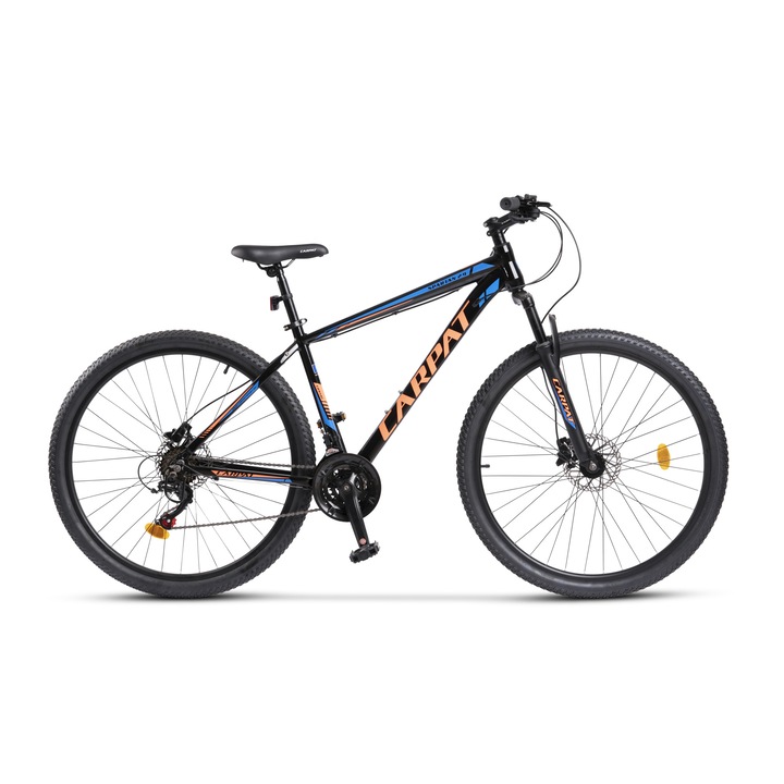 Bicicleta Mtb de munte Carpat Montan JSX2958, cadru Aluminiu, echipare Shimano, suspensie fata, roata 29 inch, frana disc Hidraulica fata/spate, 21 viteze, negru cu portocaliu