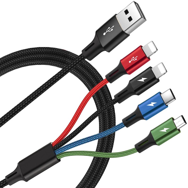 4n1 кабел за данни, найлон, бързо зареждане, два IOS изхода, един USB-C изход, един MicroUSB изход, 1,2 м