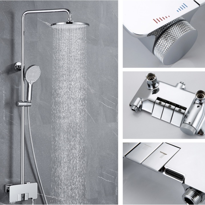 Sistem de dus, pipa de cada, Piano Key, 3 functii, montaj pe perete, Crom, Lamia