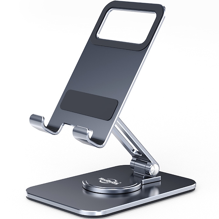 Suport pentru tableta si telefon, Aliaj de aluminiu, Rotire la 360°, Inaltime si unghi reglabile, HouDeOS®, Gri