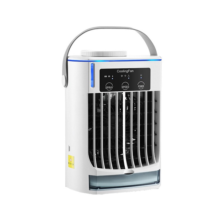Hordozható mini léghűtő ventilátorral, YWX, szobába/irodába/autóba, USB táp, 3 sebesség, 7w, fehér