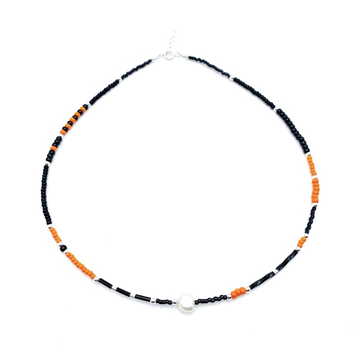 Colier cu Perla naturala, elemente din Argint 925 si margele Miyuki negre/portocalii, reglabil 39-42 cm