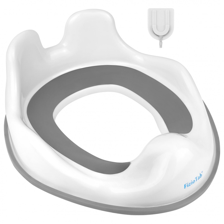 Редуктор за тоалетна за деца с дръжки FizioTab® - с кука за лесно съхранение, Заек, Сив/Бял