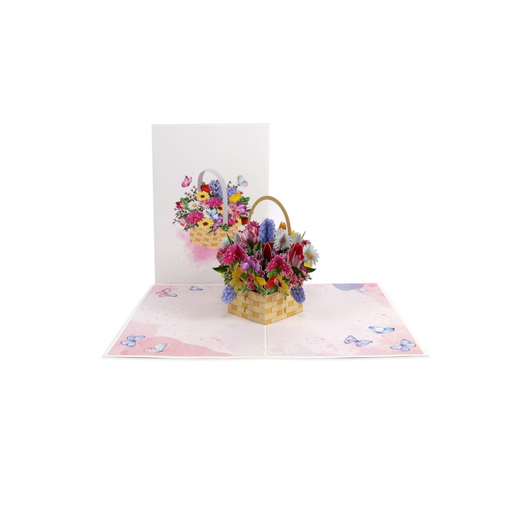 Поздравителна картичка Kiriori, Pop-up, Кошница с цветя