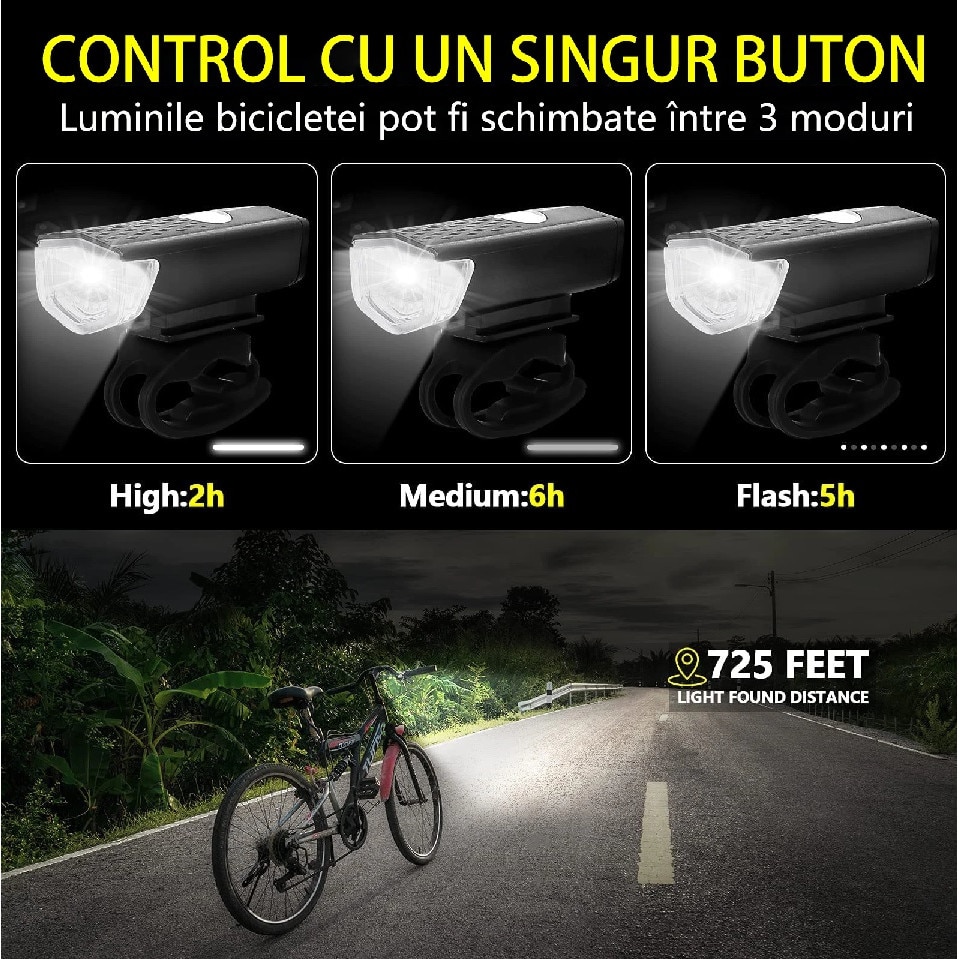 Set Lumini Bicicleta Far Si Stop Led Super Luminoase Acumulator