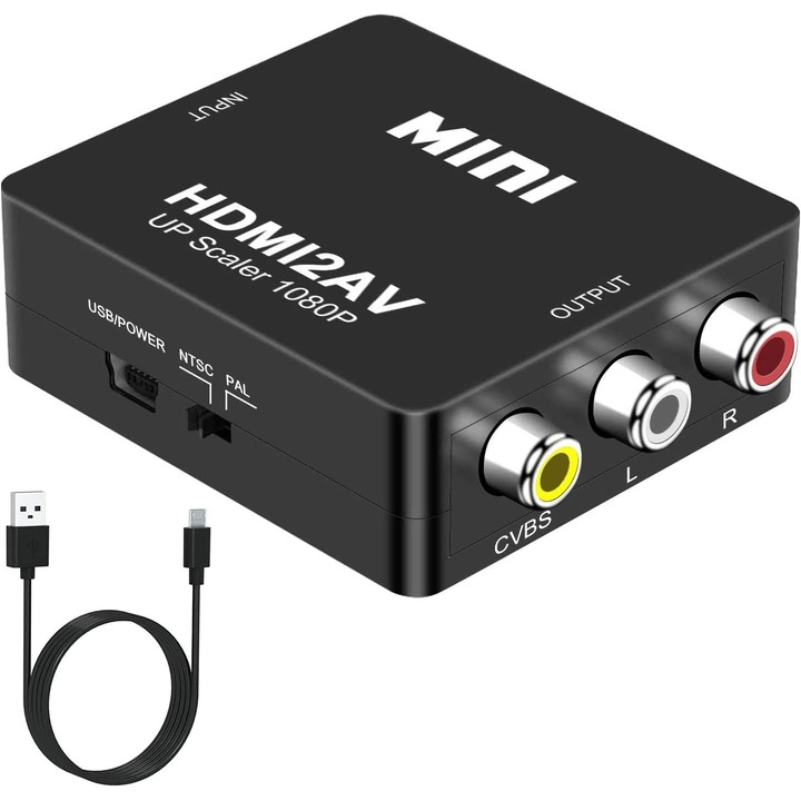 HDMI към AV адаптер, активен, Full HD, цифров HDMI към 3 x RCA конвертор, 5V, черен