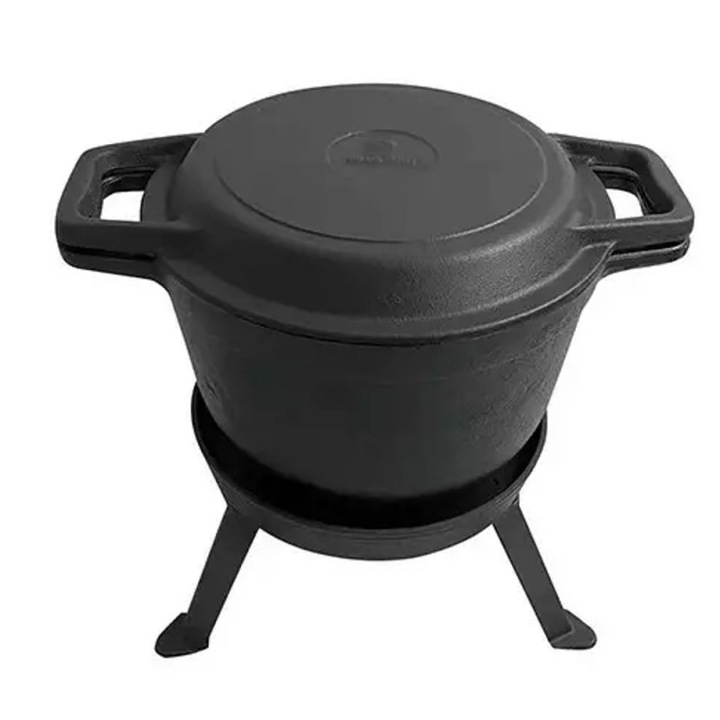Чугунен котел за готвене 3в1 Kinghoff KH 1733, С грил плоча, Ловджийски, 8 литра, Черен
