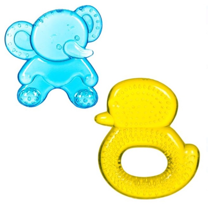 Set jucarii dentitie bebe, 2 bucati, Silicon - Apa, Animalute, Albastru - Galben, 9*8 cm, 0-12 luni