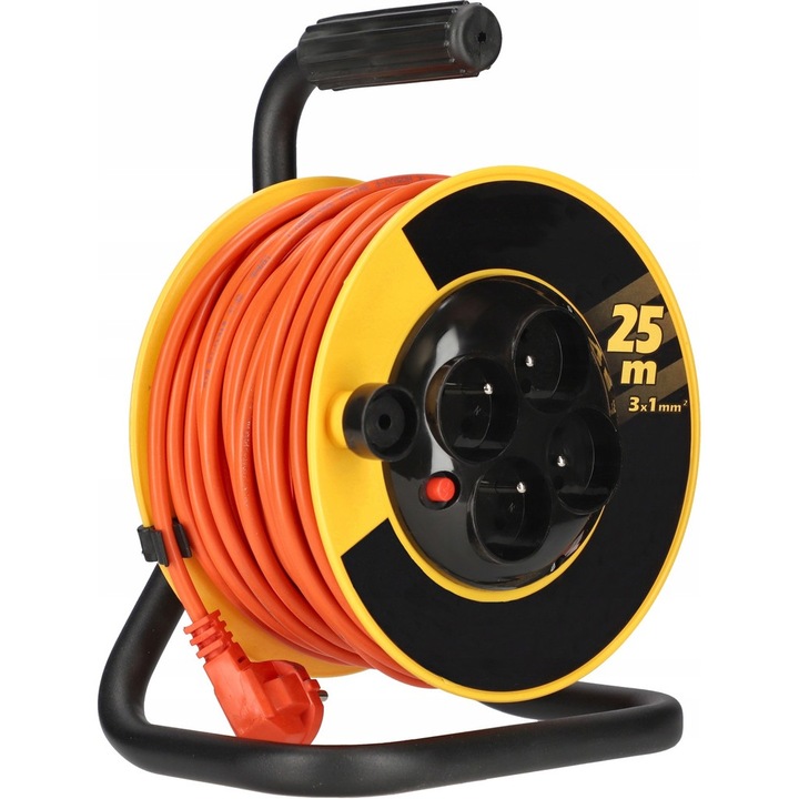 Удължител на макара с барабан, Kotarbau, 4 гнезда, 25 м, черен/оранжев