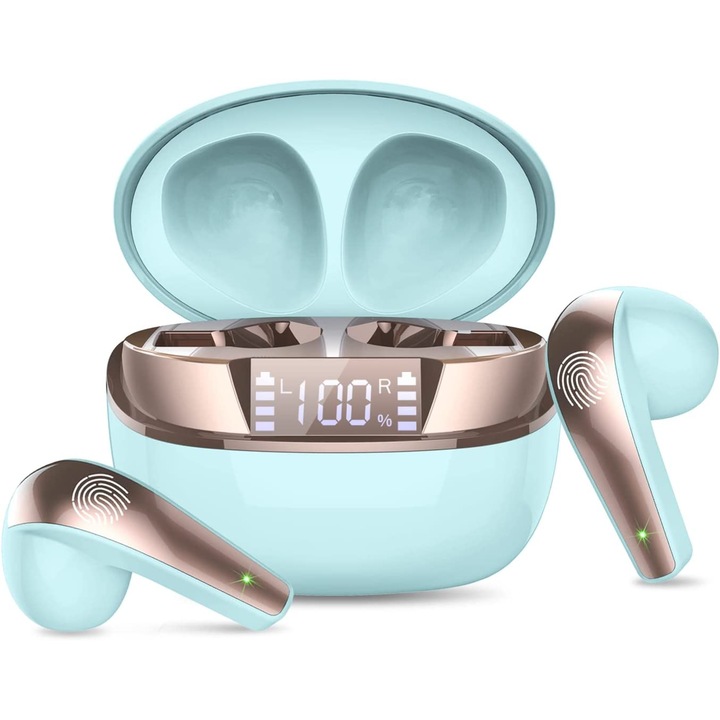 Casti True Wireless MOOD™ MINI Hi-Fi Stereo Sound, Bluetooth 5.3, Noise Cancelling, Smart Touch Control, Asistent Vocal, Microfon HD, Type-C, Afisaj Digital LED, Carcasa Magnetica, Infusion Blue/Gold