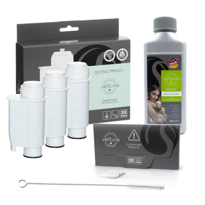 Set complet pentru intretinerea esspresoarelor Philips Saeco (toate modelele), Bosch Benvenuto si Gaggia, 3 filtre apa Brita Intenza+ tip CA6702/00, solutie decalcifiere, 10 tablete detartrante, perie de curatare