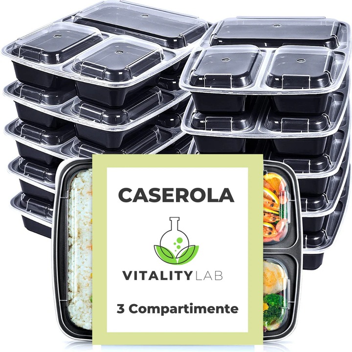 Caserola compartimentata Vitality Lab™, set 5 bucati, 3 compartimente, capac etans, reutilizabila, usor de depozitat, 1 litru, fara BPA, potrivita pentru microunde, masina de spalat si congelator