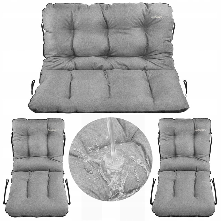 Set Perne scaun terasa, gradina, 3 piese, 100x60x50 + 2x 48x48x48 cm, exterior, impermeabila, pentru banca, fotoliu, Gri Linen, Superkissen24
