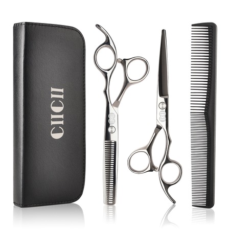 Set de 8 profesionale foarfece de tuns, CIICII, C1315, 6.5", Inox, Vine cu pieptene, Cleme de par, Regulator de foarfece, Carpa de curatat si geanta de depozitare, Argintiu