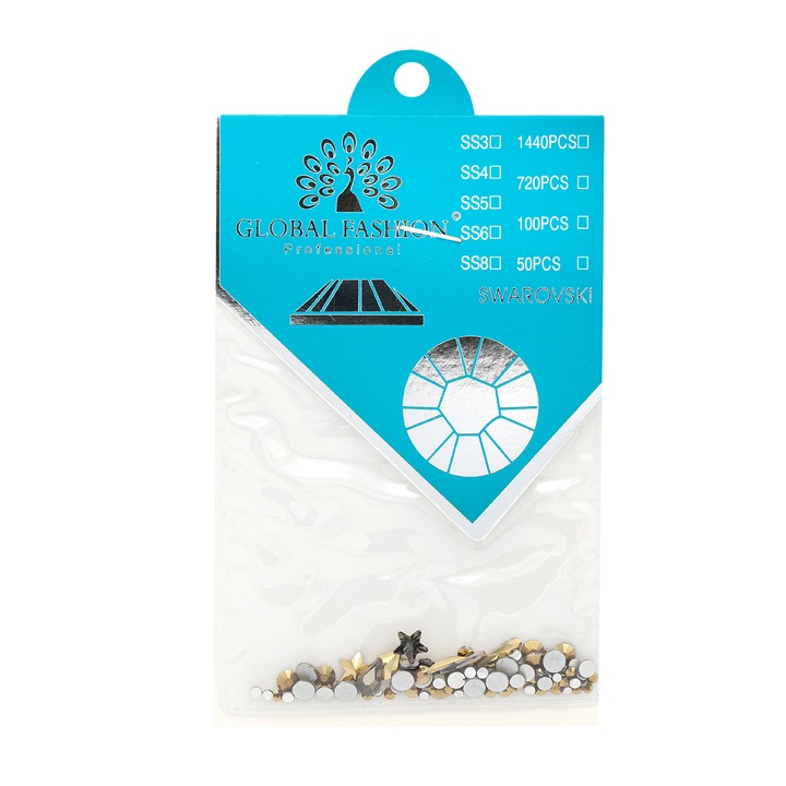 Decoratiune unghii, Global Fashion, cristale mix, Swarovski, Argintiu