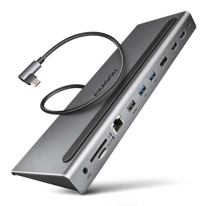 Axagon HMC-4KX3 USB Type-C 5 Gbps 3 * 4K monitor kimenettel ( 2* HDMI, 1* DisplayPort), RJ45 LAN 10/100 Mbps, USB-A, USB Type-C PD funkcióval, kártyaolvasók, 11 az 1-ben adapter