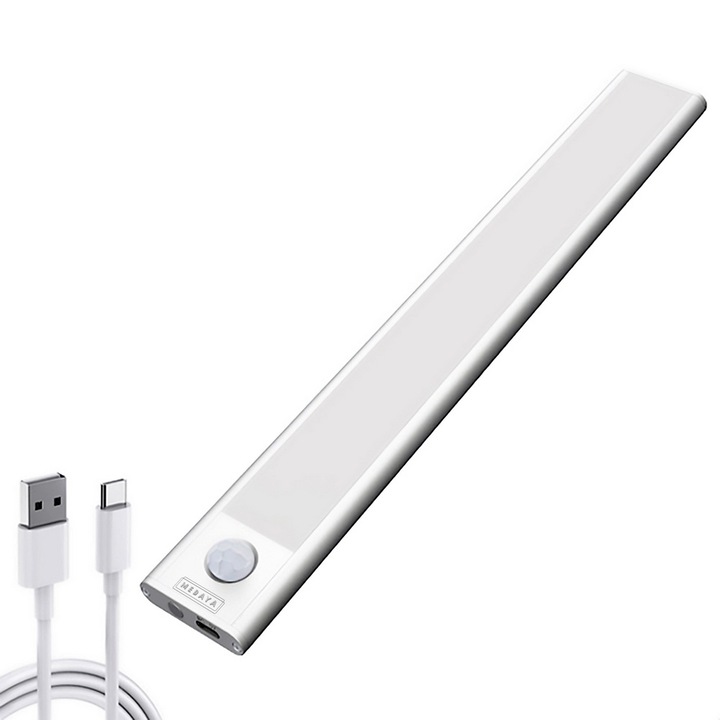 Lampa LED cu sensor miscare 3-5m, 30cm, MEDAYA®, intensitate reglabila, lumina calda, neutra sau rece, portabila, incarcare USB-C, acumulator capacitate mare, pentru dulap, bucatarie, dressing, hol, scari, ultrasubtire, usoara, argintiu