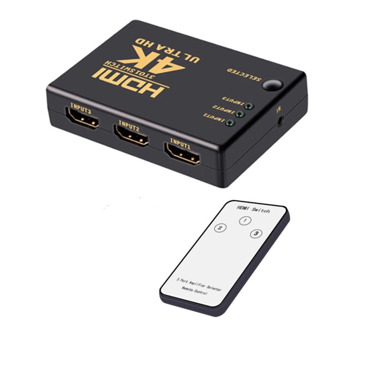 Hub HDMI 4K cu 3 intrari si 1 iesire, suporta 1080p, telecomanda inclusa 0 cm