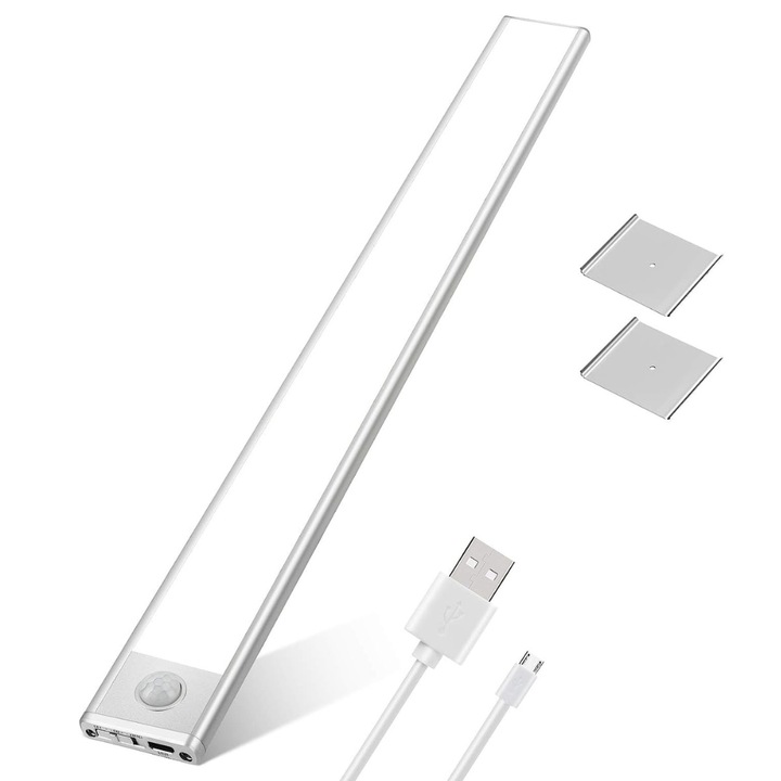 Lampa LED SLIM Dasbo® cu senzor miscare, suport magnetic, led-uri puternice, fara fir, acumulator cu reincarcare prin USB, lumina calda/ rece cu 3 moduri de iluminare 3000K-6000K, pentru bucatarie, hol, dressing, garaj, lungime 20 CM