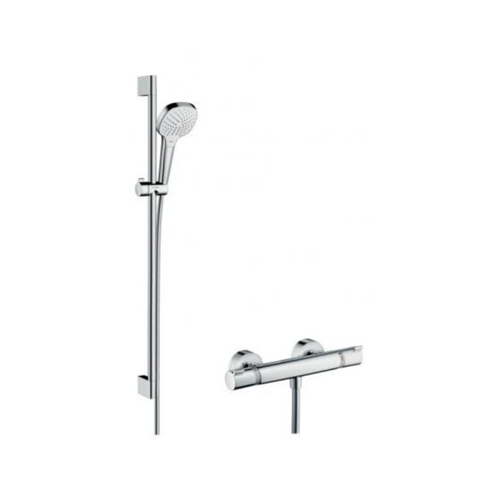 Zuhanyrendszer exponált Vario telepítéshez Ecostat Comfort termosztáttal és Hansgrohe Croma Select E zuhanysínnel, fehér/króm. 27082400