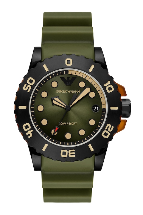 Emporio Armani, Кварцов часовник с каишка от еко кожа, Тъмнозелен